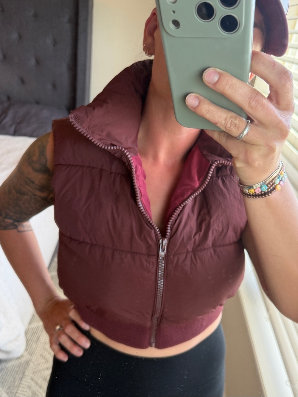 Women's Burgundy Cropped Puffer Vest - Sleeveless Zip Front